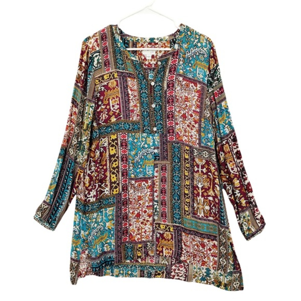 J Jill Womens Patchwork Boho Earthy Lagenlook Long Sleeve Button Top M Blouse